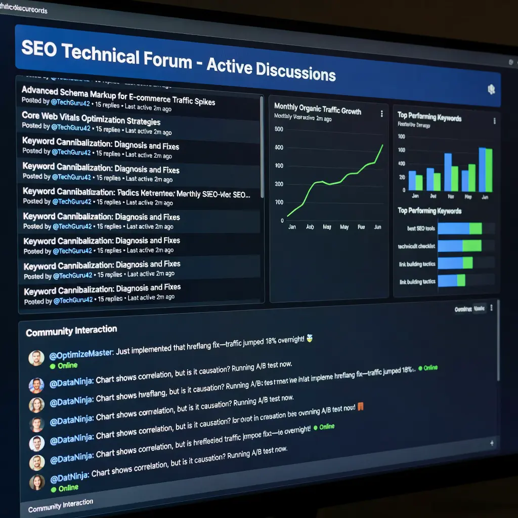 Скриншот технического форума для сайтов с обсуждением SEO-стратегии и роста трафика